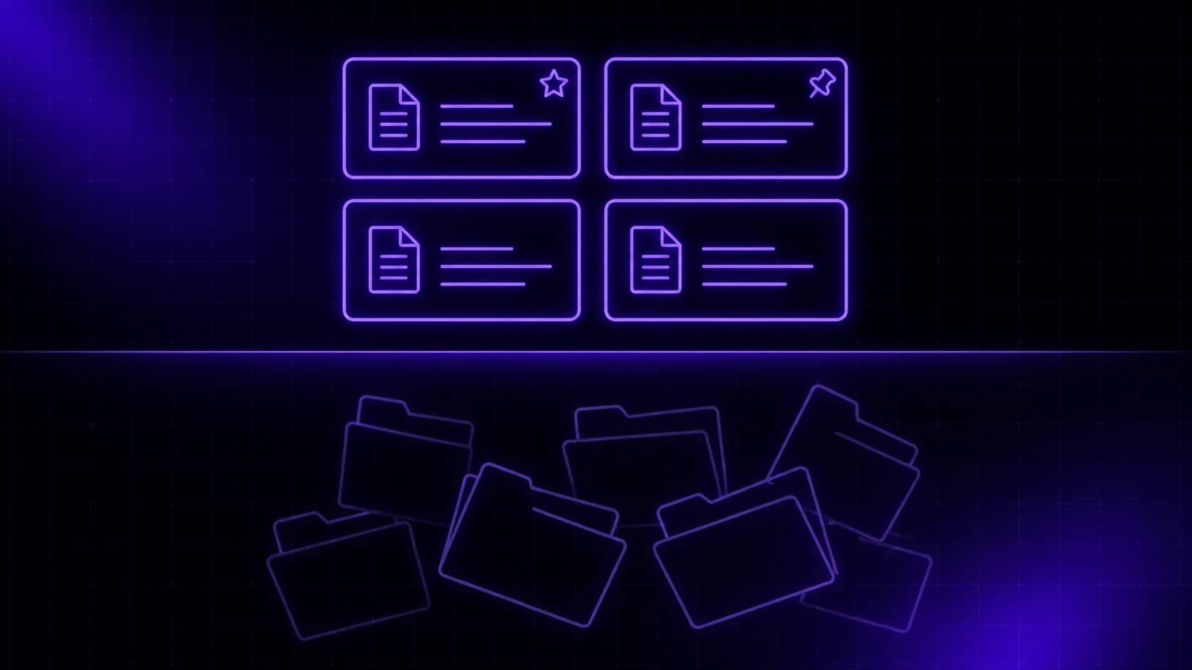 A tidy grid of glowing document cards above a chaotic jumbled pile of folders.