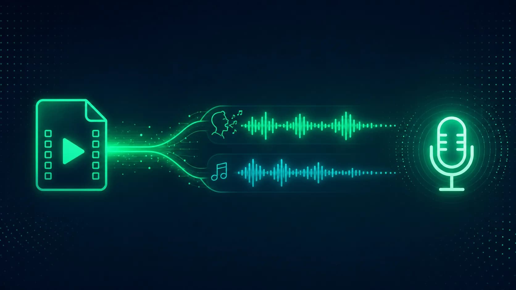 A video-file icon stretching into two parallel waveforms, vocal and instrumental, converging into a glowing microphone.