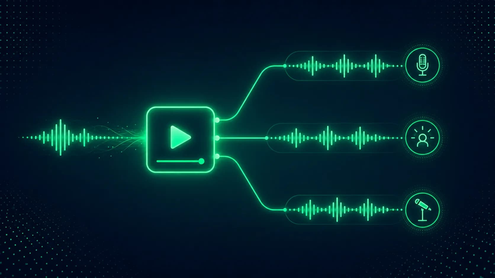 A central play button with three glowing waveform spokes ending in a microphone, a spotlight, and a stage-mic-stand glyph.