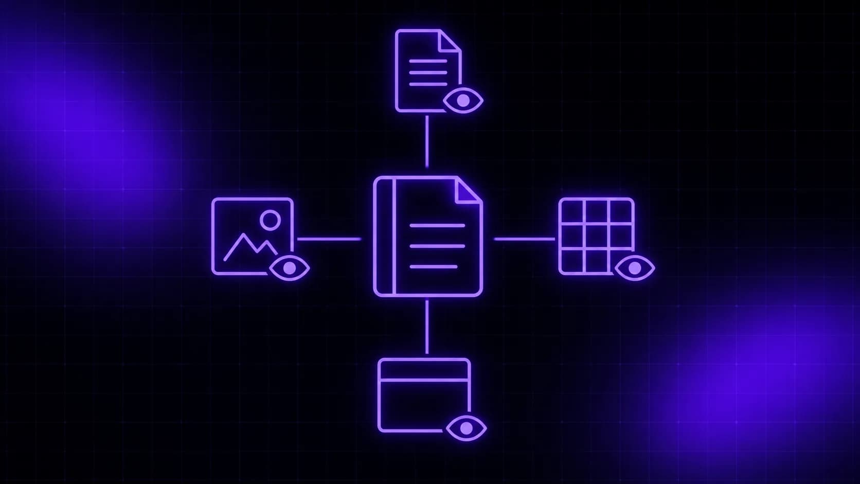A central notebook icon surrounded by four file-type glyphs, each marked with an eye icon showing it can be previewed in place.