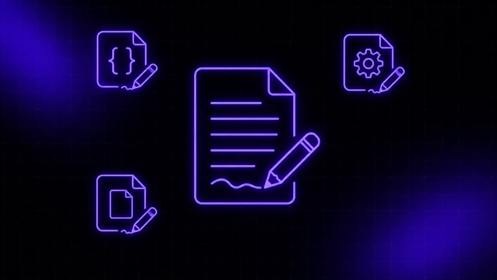 A central document actively being written on by a pencil, surrounded by three file-type badges each with their own pencil cursor.