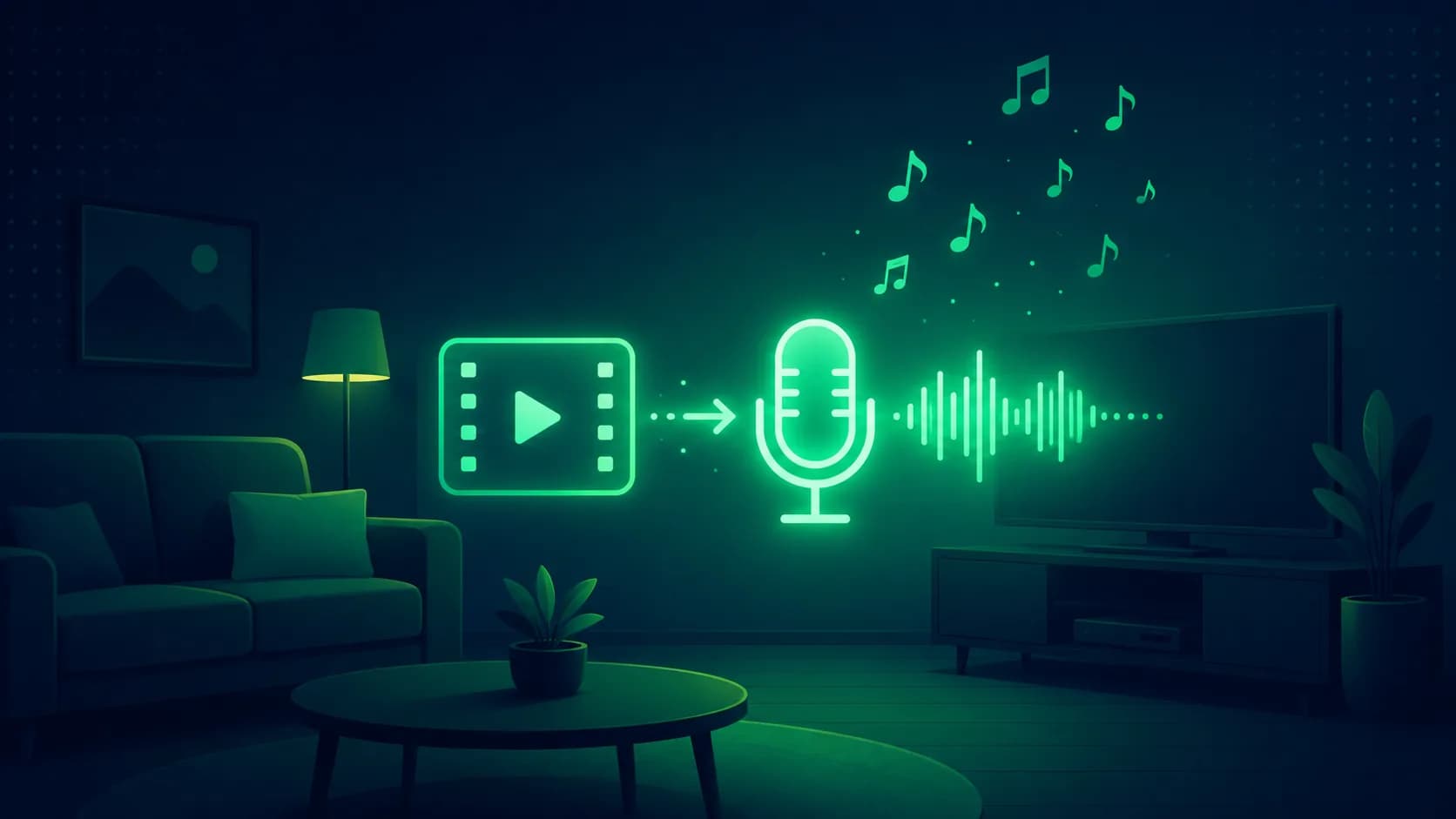 A video-file icon transforming into a glowing microphone with waveform lines and rising musical notes, above a home living-room silhouette.