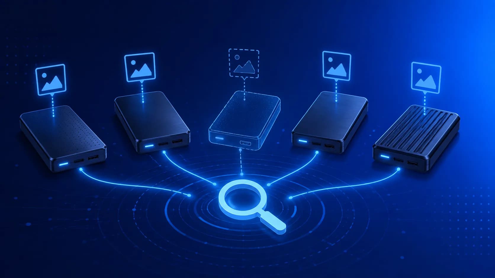 A row of external drives, one rendered as a translucent unplugged outline, all connected by search lines converging on a magnifying glass.