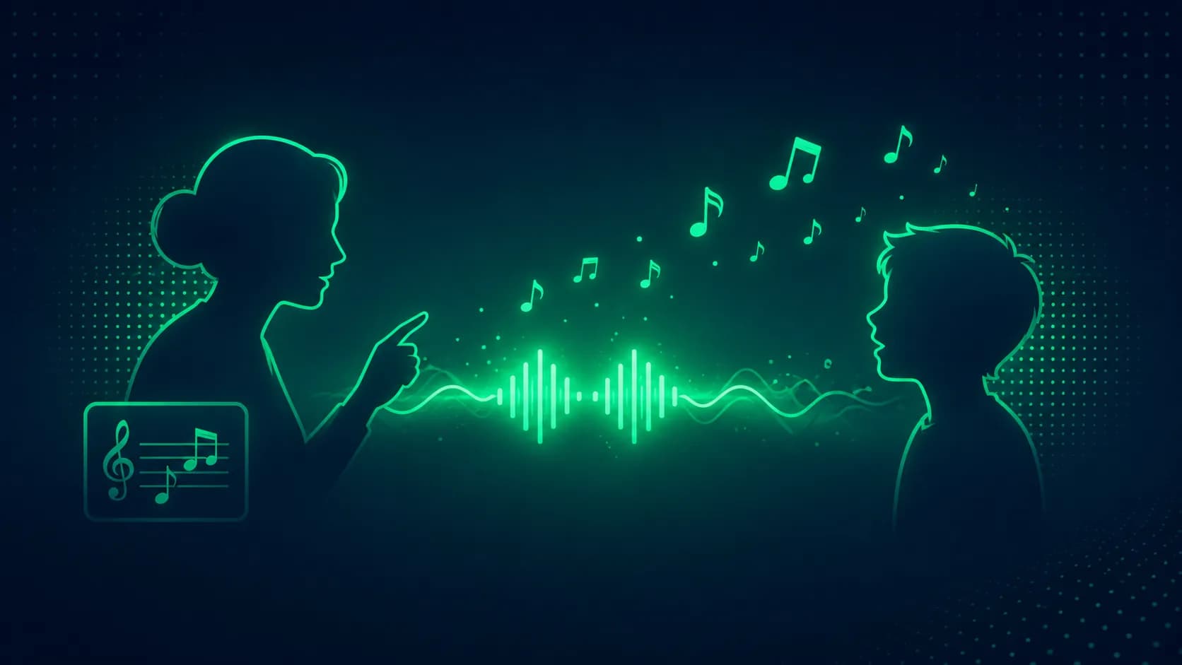 Two silhouette figures, a teacher and a student, connected by a waveform bridge carrying musical notes between them.