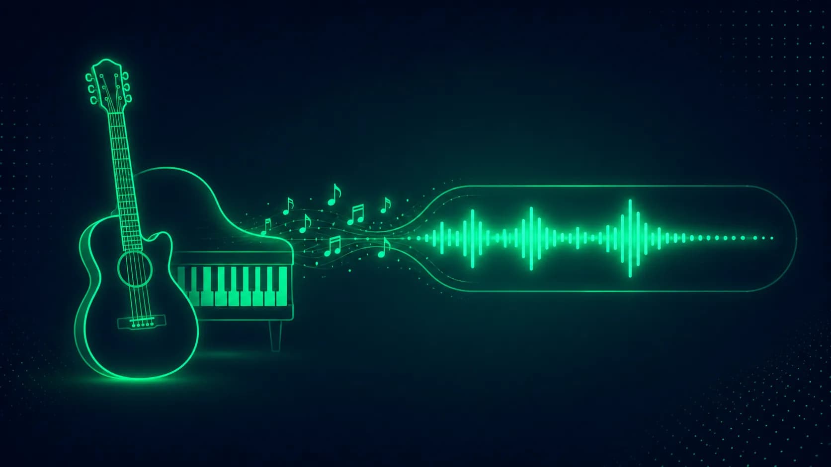 A guitar silhouette feeding musical notes into a waveform line with the vocal band thinned out to leave the instrumental.