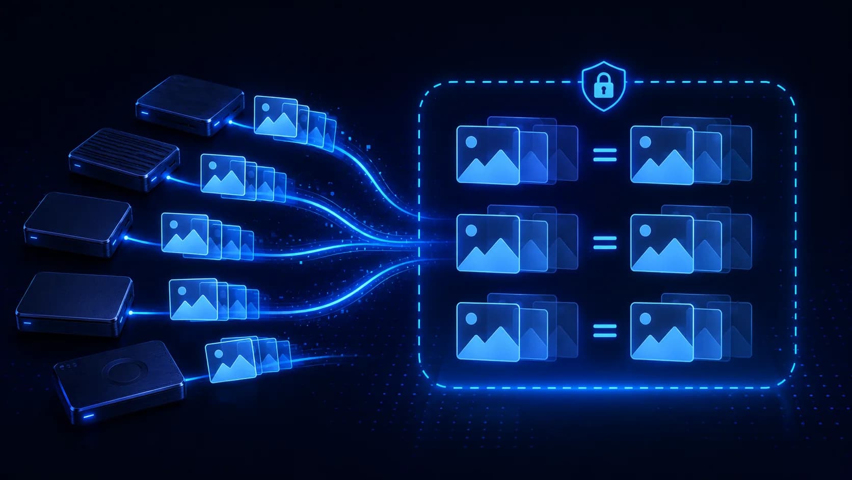 Pairs of matching photo icons grouped inside a dashed, shield-locked safekeeping zone.