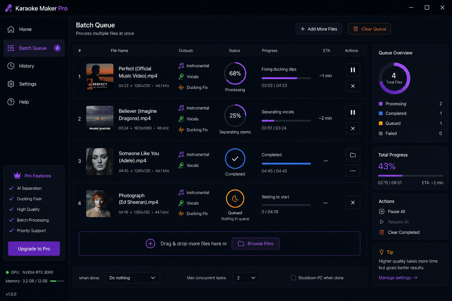 OraKara's batch queue processing multiple videos with a configurable concurrency cap