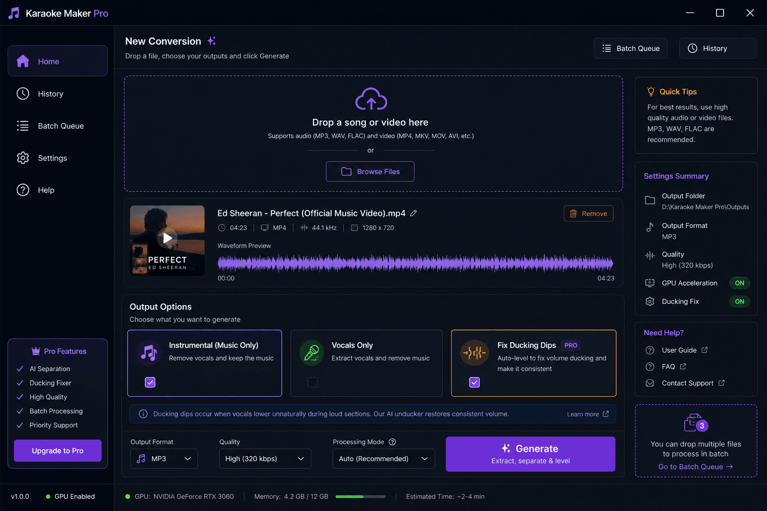 OraKara's Home screen with drag-and-drop video input and batch queue
