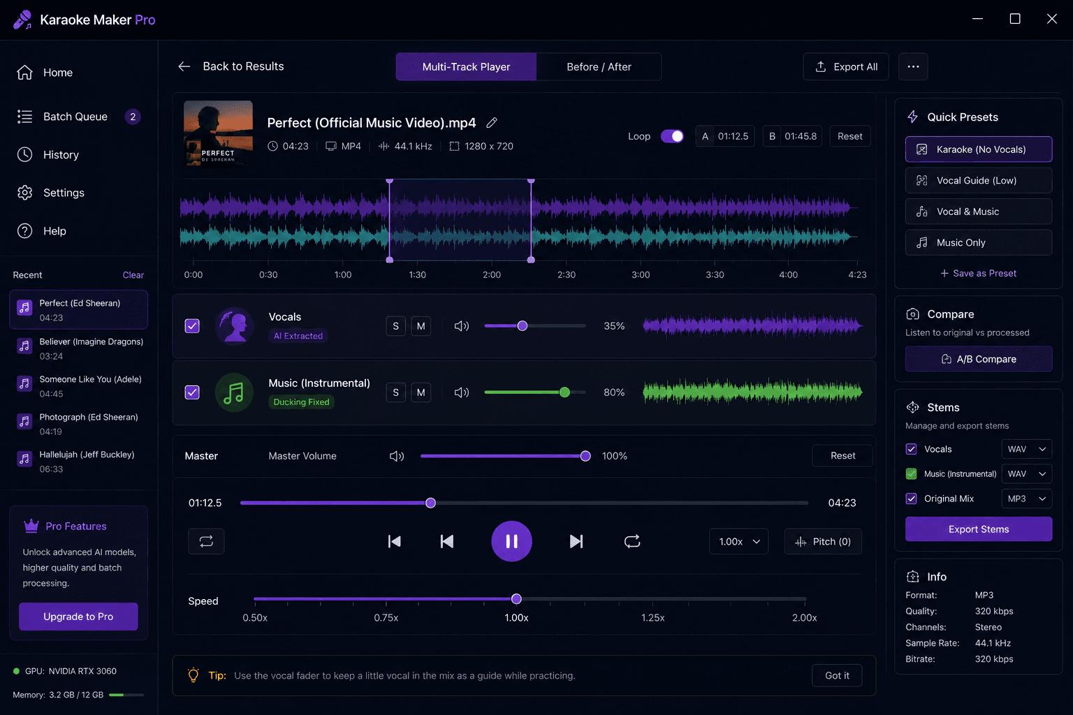 OraKara's synced player: muted video with independent vocals and music volume controls