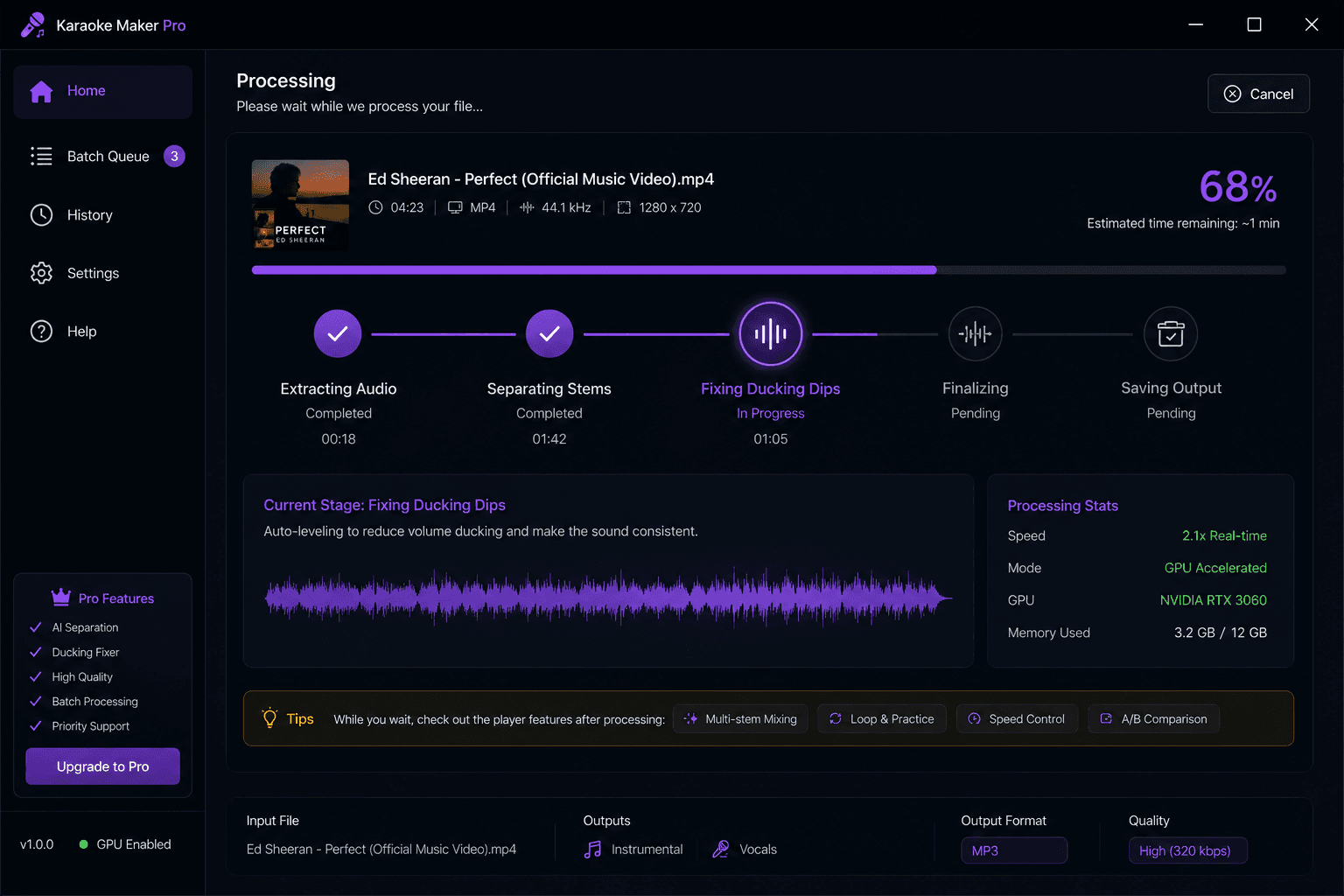 OraKara's three-stage pipeline (extract, separate, unduck) running with live per-stage progress