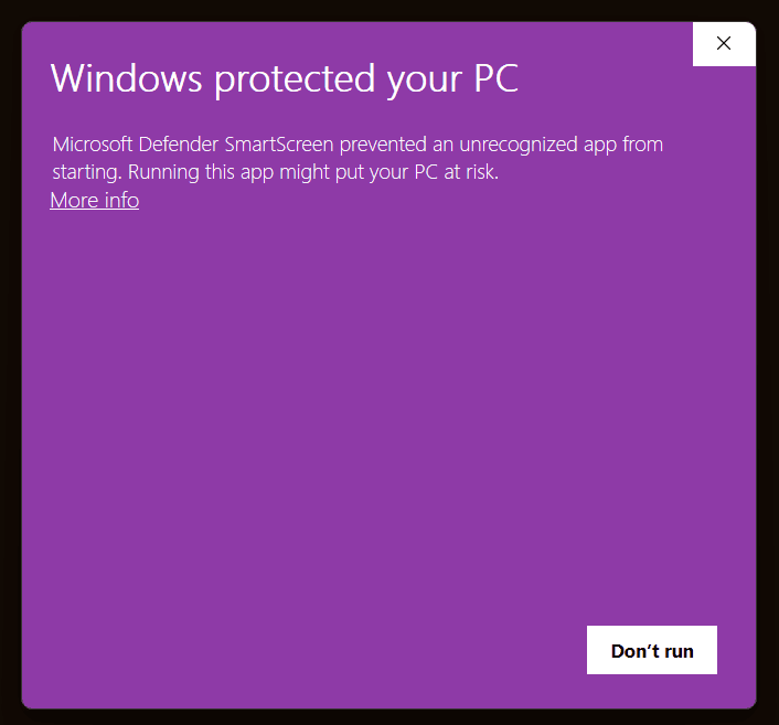 Windows protected your PC — Microsoft Defender SmartScreen prevented an unrecognized app from starting.