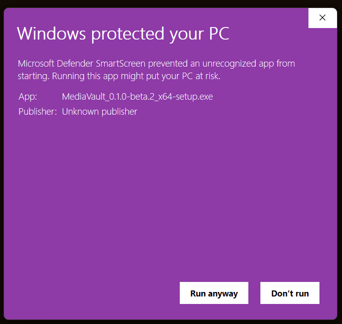 Windows protected your PC, with More info expanded — showing the Run anyway button.